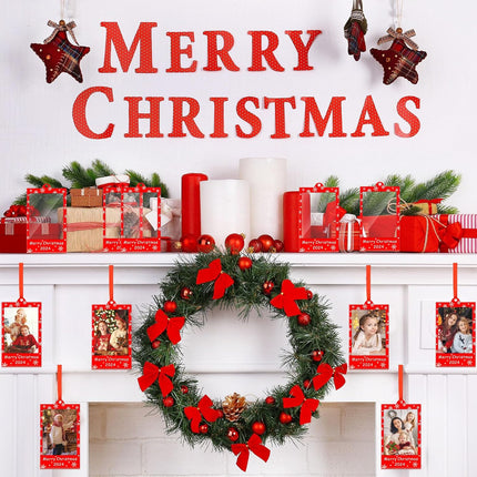24 Pcs Merry Christmas Picture Frame Ornaments Acrylic 2 x 3 Frame Ornaments for Instax Hanging Photo Ornaments for Polaroid with Red Ribbon Picture Frames for Christmas Tree