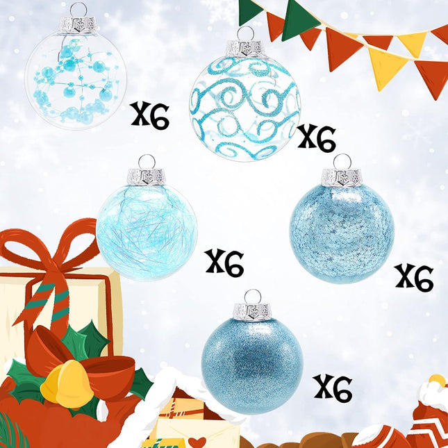 Lulu Home 30ct 2.36" Clear Christmas Ball Ornaments, Pre-Strung Transparent Balls with Unique Decorations Inside, Shatterproof Plastic Balls for Xmas Party Wreath Garlands Trees, Light Blue