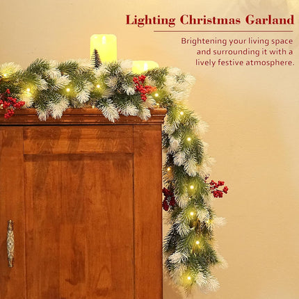 Christmas Garland with 50 LED Lights-6Ft Garland Christmas Decorations 8 Modes Pine Needles Per-Lit Christmas Garlands Red Berries Pine Cones Battery Operated Xmas Garland for Mantel Stairs Fireplace