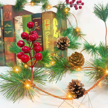 10Ft 30 LED Prelit Christmas Garland with Lights Timer, Garlands for Decoration Christmas Battery Operated Pine Cones Red Berries Lighted Garland for Mantle Home Indoor Xmas Decor, Warm White