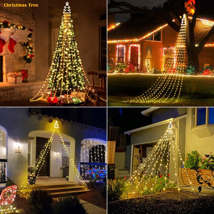 420 LED Outdoor Christmas Decorations Star String Lights Waterproof String Lights with Christmas Tree Topper, 8 Lighting Modes Waterfall Lights for Tree Patio Garden Yard Party (Warm White)