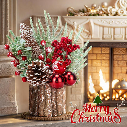 Christmas Decorations Indoor, Christmas Centerpiece Table Decorations, Small Artificial Tabletop/Desk Christmas Tree with Christmas Ornaments Pinecone Berry for Home Farmhouse Mantle Décor (Red)
