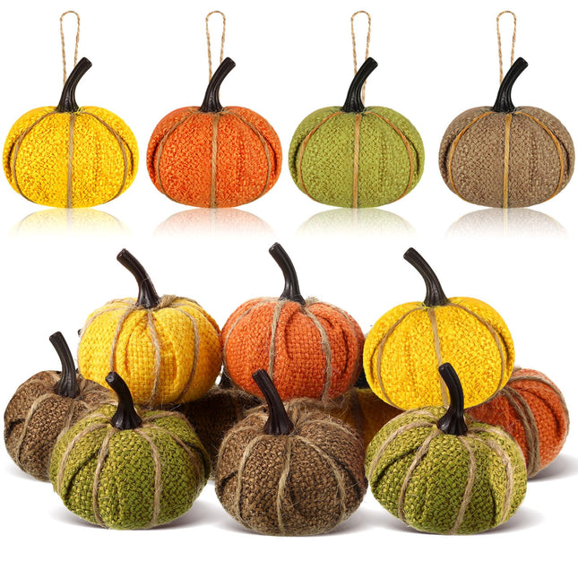 Fall Pumpkin Hanging Ornament Mini Burlap Fabric Thanksgiving Pumpkin Hanging Tree Ornaments for Fall Thanksgiving Halloween Christmas Party Tree Mantel Wall Home Decor Crafts(Fresh Color,16 Pcs)