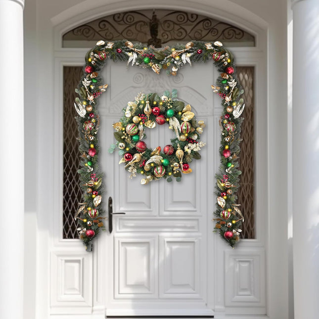 Valery Madelyn Christmas Garland Decorations with Lights for Mantle, Full Large 9 feet Lighted Christmas Garland Indoor Outdoor for Stairs Railing Fireplace Front Door Decor with Red Green Gold Balls
