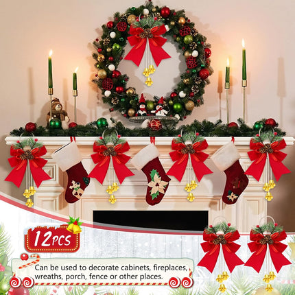 12 Pcs Red Christmas Bow with Pine Cones Wine Red Christmas Wreath Bows Xmas Decorative Bows Ornament with Bell Christmas Tree Toppers Bows for Kitchen Cabinet Christmas Party Decoration