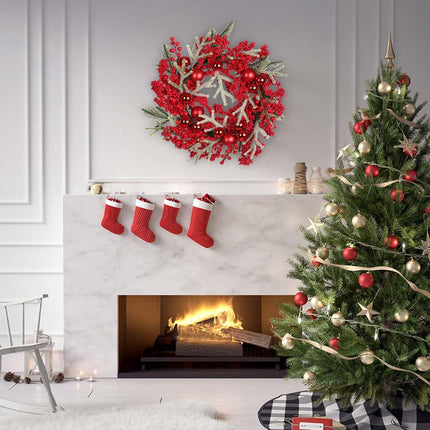 20 Inch Artificial Christmas Wreath, Decorated with Red Berries Pine Needles Red Christmas Ball for Indoor & Outdoor Christmas Decorations