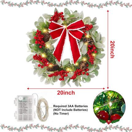 N&T NIETING 20 Inch Christmas Wreath with Lights for Front Door Pre-lit Wreaths with Bow Berries Pinecones Battery Operated 8 Lighting Modes Timer for Kitchen Wall Fireplace Indoor Outdoor Xmas Decor