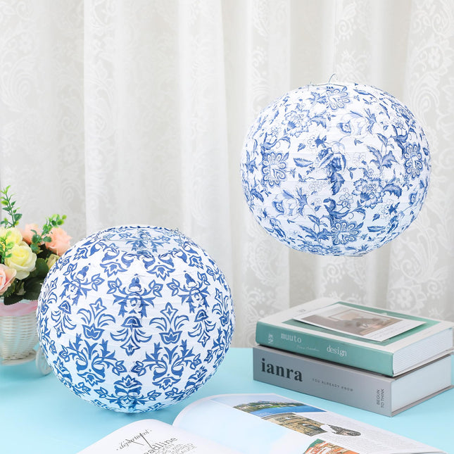 Retisee 12 Pcs Chinoiserie Paper Lantern Set 10 Inches Blue and White Porcelain Print Christmas Hanging Decorations Chinese Round Lantern Ceiling Birthday Party Baby Shower Wedding Home Decor