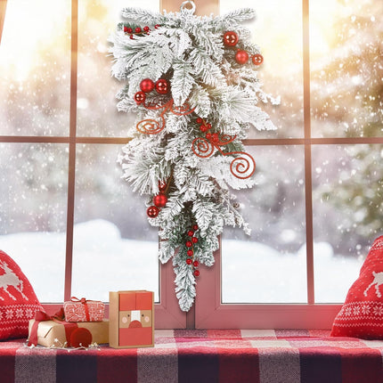 SHACOS 30" Flocked Christmas Teardrop Swag Artificial Snow Pine Spruce Cedar Decorative Swag Red Berries Christmas Balls Pine Cones Swag for Front Door Window Wall Stairs Xmas Decor