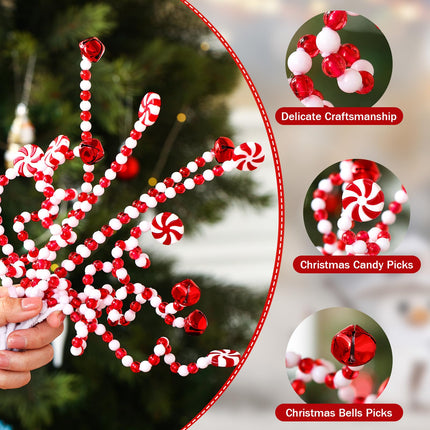 Liliful 40 Pcs Candy Cane Christmas Decoration Red Green Christmas Hanging Ornaments Including Plastic Twisted Lollipop Strips and Bells Strips for Xmas Holiday Table Centerpiece(Red, White)