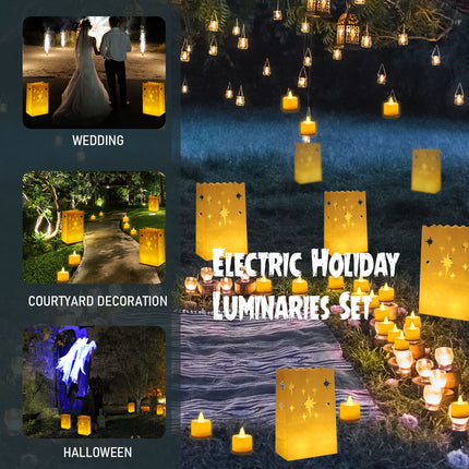 100 Set Luminary Paper Bags with Flameless Tea Lights Christmas Flameless Candle with Luminaries Candle Bag LED Tea Light for Birthday Wedding Halloween Christmas Thanksgiving Party Decor (Firework)
