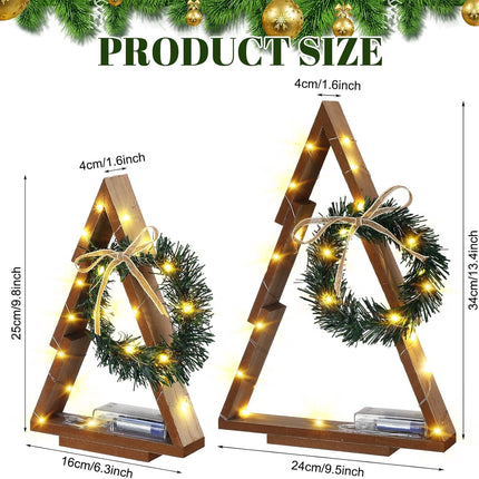 Leinuosen Set of 2 Wood Christmas Tree with Lights Farmhouse Lighted Wooden Christmas Tree with Mini Xmas Wreath and Bow for Home Tabletop Fireplace Mantle Shelf Decor Holiday Centerpiece Decorations