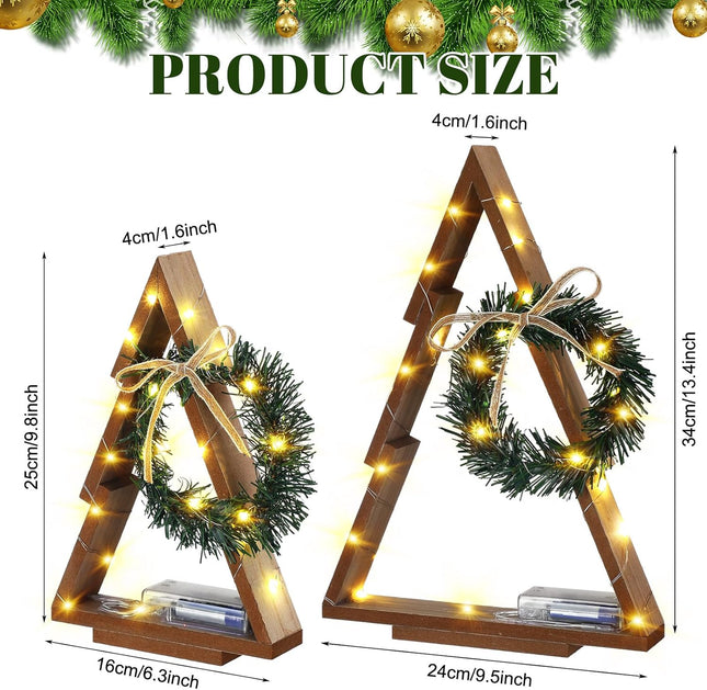 Leinuosen Set of 2 Wood Christmas Tree with Lights Farmhouse Lighted Wooden Christmas Tree with Mini Xmas Wreath and Bow for Home Tabletop Fireplace Mantle Shelf Decor Holiday Centerpiece Decorations