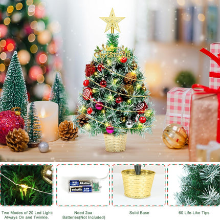 Tabletop Small Xmas Trees, 20" Prelit Mini Christmas Trees with Lights,Battery Operated Artificial Trees with Ball Ornaments,Xmas Lighted Decorations for Home Kitchen Dining
