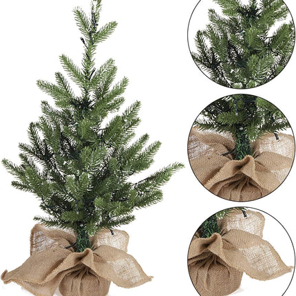 MorTime 24 Inch Mini Artificial Christmas Tree with 50 LED Lights, 2 ft Table Top Christmas Pine Tree 29 Tips with Burlap Wooden Base, Christmas Winter Home Decorations
