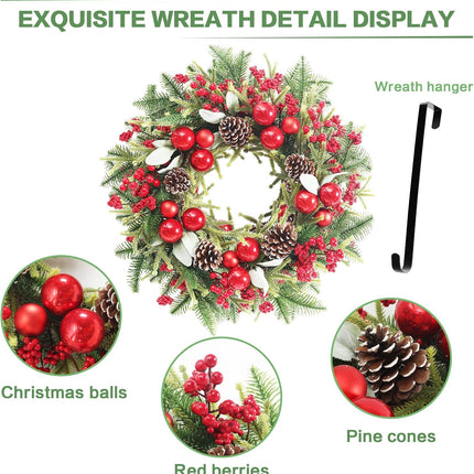 Super Holiday Artificial Christmas Wreath, Front Door Wreaths Decorations for Home, Party, Holiday, Thanksgiving, Xmas Decor - with Wreath Hanger, Green/Red.