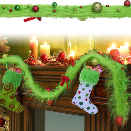 Jutom 6 Feet Whimsical Christmas Garland Decorations Xmas Green Faux Fur Ribbon Trim with Red Green Balls Xmas Tree Winding Garland Furry Stripe Indoor Outdoor for Front Door Fireplace Table Decor