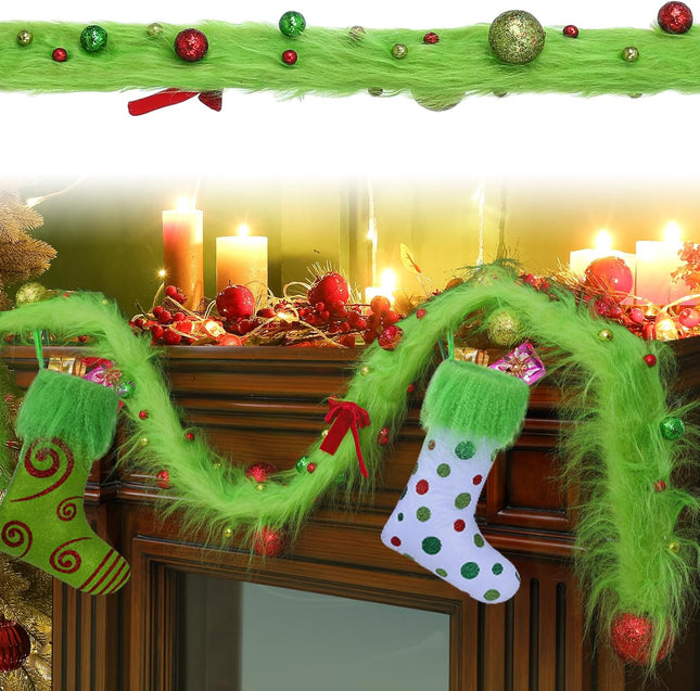 Jutom 6 Feet Whimsical Christmas Garland Decorations Xmas Green Faux Fur Ribbon Trim with Red Green Balls Xmas Tree Winding Garland Furry Stripe Indoor Outdoor for Front Door Fireplace Table Decor