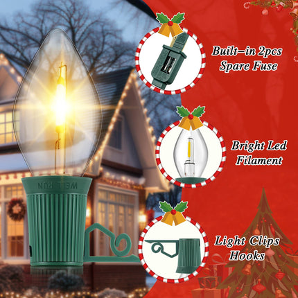50 FT C9 LED Christmas Lights Outdoor with Clips, Large Bulb Christmas String Lights with Christmas Light Clips, Warm White Christmas Roofline Lights for House and Garden Xmas Decoration