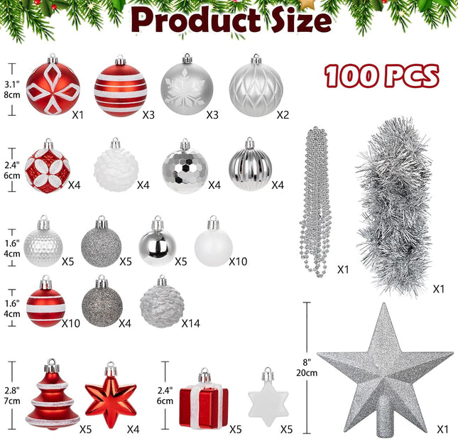 100ct Christmas Tree Ornaments Set Assorted Shapes and Sizes Christmas Tree Decorations Set Red & Green Christmas Ornaments Bulk Shatterproof Christmas Ball Ornaments for Holiday Party Home Decor