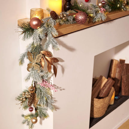 Decorbyhannah Christmas Garland with Lights, 6ft Prelit Christmas Garland Decorations with Ornaments, Pinecone and Butterfly, Battery Operated Christmas Garland Indoor for Mantle, Stairs(Pink Gold)