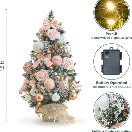 WBHome 1.8 Feet Pre-lit & Pre-Decorated Tabletop Christmas Tree, Rose Gold Ornament Decorations with Pine Cones, Snow Flocked Mini Christmas Tree with Lights, 35 Bulbs (1.8FT)