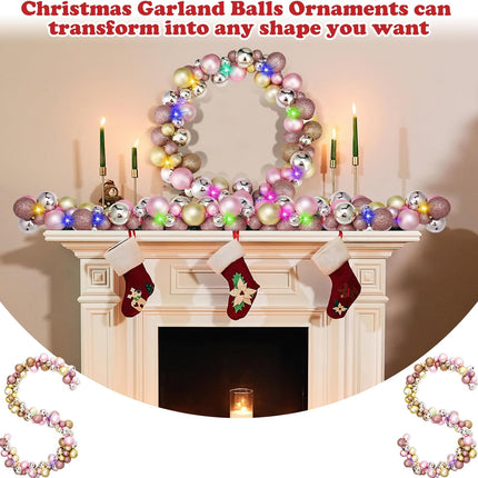 2 Pcs Christmas Balls Garland 6 ft Hanging Ornaments Xmas Balls Decorations with 2 Pcs 10 Feet LED Lights for Home Indoor Outdoor Tree Mantel Wedding Decoration(Pink, Rose Gold, Pink, Rose Gold)