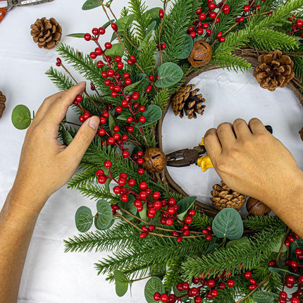 Artifical Christmas Door Wreath 22 Inches Christmas Wreaths for Front Door Rustic Winter Wreath with Evergreen Pine Needle Pinecone Red Berries for Wall Porch Window Holiday Indoor Outdoor