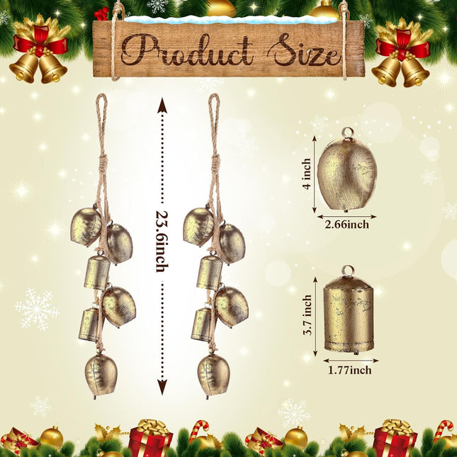 Syhood 2 Sets Giant Christmas Bells Rustic Decorative Hanging Bells Large Lucky Vintage Iron Wrought Cow Bells on Rope Xmas Home Decor s Outdoor Harmony Bells, 23.6" Length(Golden Bells, Classic)