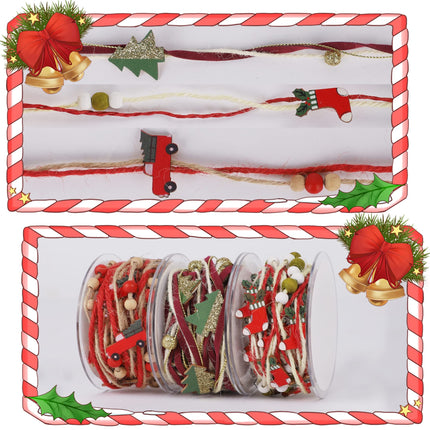 winemana 3 Pack 16.4 FT Christmas Bead Ribbon, Christmas Tree Trim Rope with Stockings & Red Truck, Xmas Decorations for Garland, Wreath, Wrapping, DIY Crafts Ornaments, Wedding Party Decor