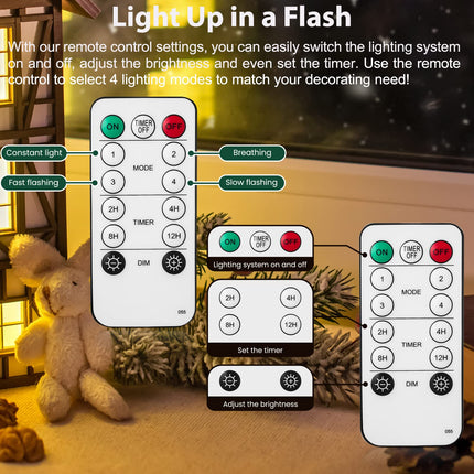 Remote Control Lighting System, 6.5Ft Accessory Cord with 3LED C7 Warm White Bulbs, Built-in 4 Lighting Modes and Timer, Perfect for Halloween Christmas Village and Homemade Craft Decorations