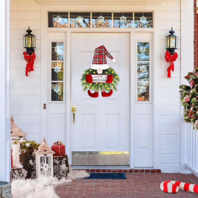 Sggvecsy Christmas Wreath Gnome Wreath with Lights Santa Gnome Christmas Hanging Sign Front Door Decoration Artificial Pine Spruce Wreath Swedish Tomte Wall Décor for Home Xmas Porch Indoor Outdoor