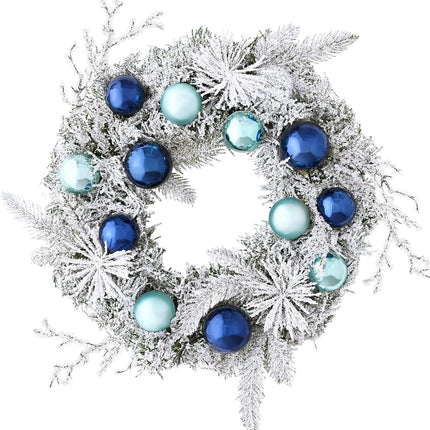 Christmas Wreath Christmas Decorations - 18" Christmas Wreaths for Front Door with Lights, Artificial Snowy Pine Branches Blue Ball Christmas Reef for Home Wall Windows Holiday Xmas Decor