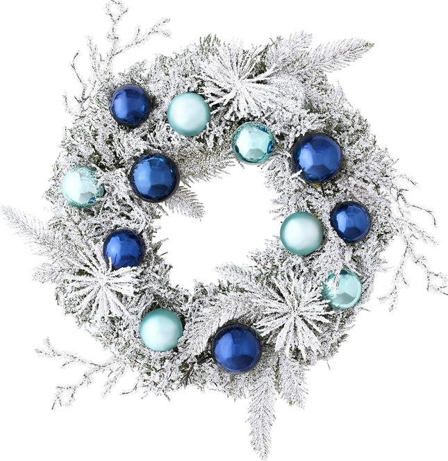Christmas Wreath Christmas Decorations - 18" Christmas Wreaths for Front Door with Lights, Artificial Snowy Pine Branches Blue Ball Christmas Reef for Home Wall Windows Holiday Xmas Decor