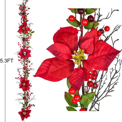 Artiflr Berry Christmas Garland, 5.3 Ft Artificial Poinsettia Garland with Red Berries and Holly Leaves, Pine Cone Garland for Christmas Holiday Party Decorations