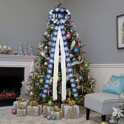 Glitter Christmas Tree Topper Bow with 53 Inch Blue Streamers Velvet Wired Ribbon,Large Christmas Bows with Snowflake Patterned for Wedding, Christmas,Party Decoration
