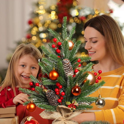 Tabletop Christmas Tree 19 Inch Artificial Mini Christmas Tree Non-Lit Snowy Small Christmas Tree with Pine Cones Red Berries for Christmas Holiday Mantle Table Top Home Indoor Decor