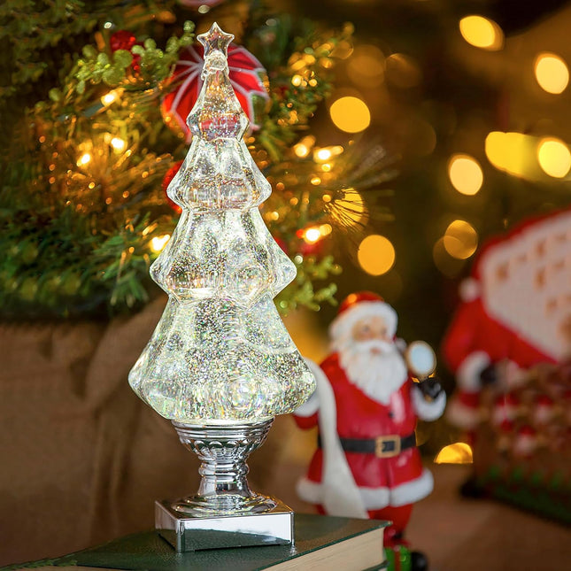 Beautiful LED Light Liquid Motion Glitter Christmas Tree | 14 Inches Tall | Premium Ornament | Water Globe | Battery Operated | Tabletop Sparkling Silver for Holiday Home and Office Décor