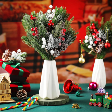 60 Pcs Christmas Artificial Green Pine Needles, Christmas Floral Picks Artificial Holly Red Berry Twig Stem Pine Snowy Cone Branches Garland Bulk for Xmas Tree Craft Holiday Winter (Elegant Style)