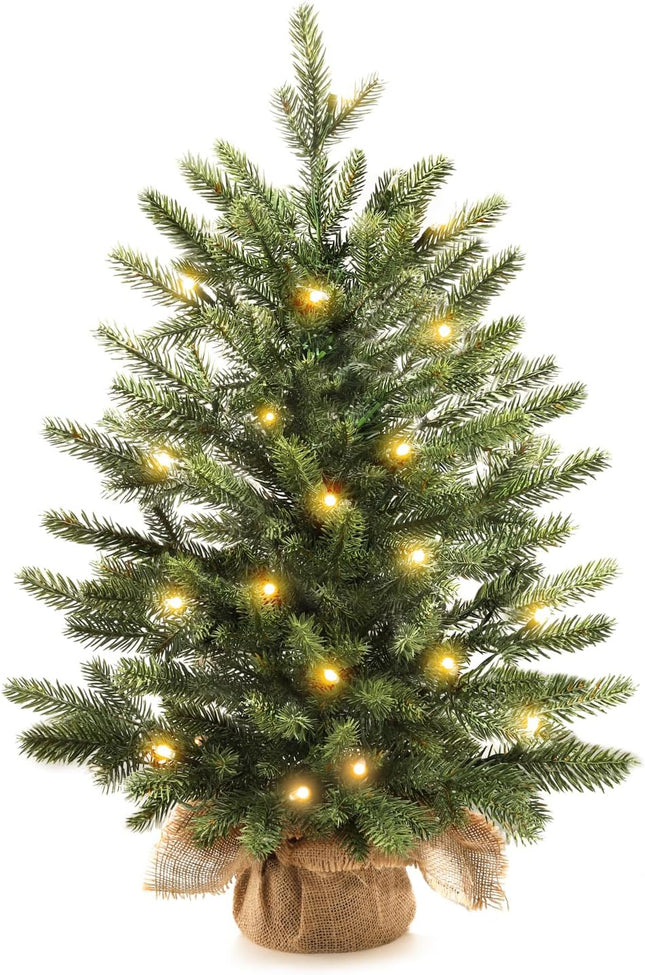 Mini Christmas Trees 24" with 25 LED Lights, 2 ft Decorated Burlap Artificial Tabletop Christmas Trees Home Party Decoration for Kitchen Dining Room Window