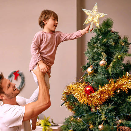 BrizLabs Lighted Christmas Star Tree Topper, 8” Silver Star Xmas Treetop with 10 Lights, UL Plug-in Warm White Tree Topper for Holiday Christmas Tree Decor