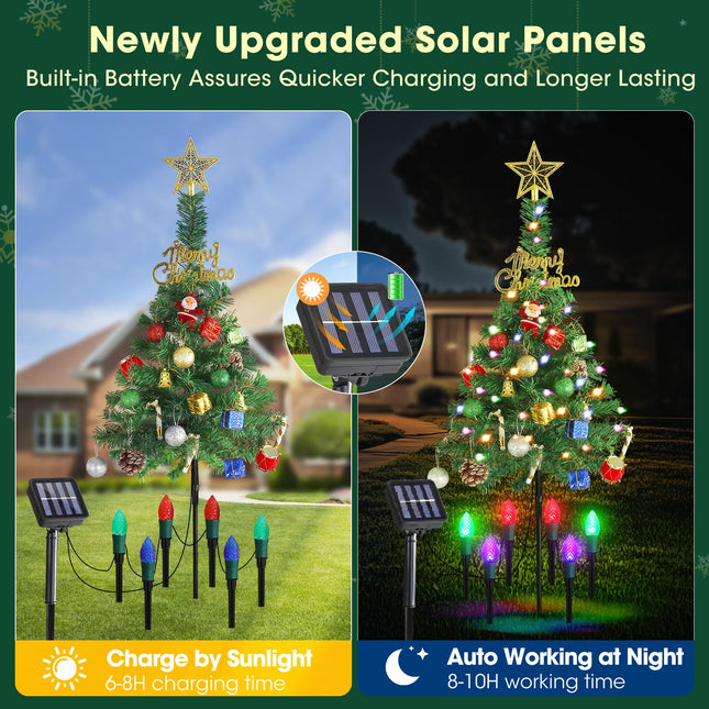 Solar Christmas Tree for Outdoor Decorations 2 Pack, 33 Inch Prelit Christmas Tree Yard Stake Lights with 12pcs Strawberry Lights, 60 LED 8 Modes for Pathway Yard Cemetery Decor
