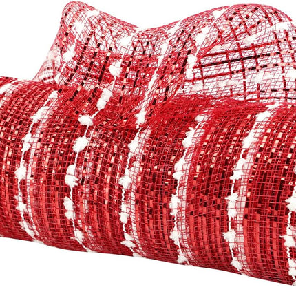 MEEDEE Snow Deco Mesh Ribbon Red Mesh Ribbon Red Deco Mesh 10 Inch Red Metallic Mesh with White Snow Balls for Wreaths Garland Decorating (30 Feet)