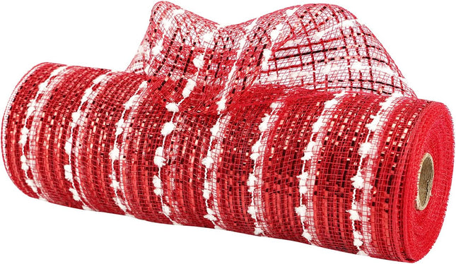 MEEDEE Snow Deco Mesh Ribbon Red Mesh Ribbon Red Deco Mesh 10 Inch Red Metallic Mesh with White Snow Balls for Wreaths Garland Decorating (30 Feet)