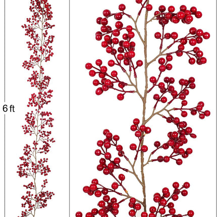 DearHouse 6FT Red Berry Garland, Flexible Artificial Red and Burgundy Berry Garland for Indoor Outdoor Hone Fireplace Decoration for Winter Christmas Holiday Year Decor