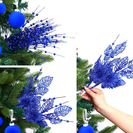 24 Pack Christmas Tree Ornaments - Artificial Flowers Glitter Berry Stems Christmas Floral Picks Branches for Xmas Tree Decorations Vase Filler Holiday Wedding Party Home Decor (Blue)