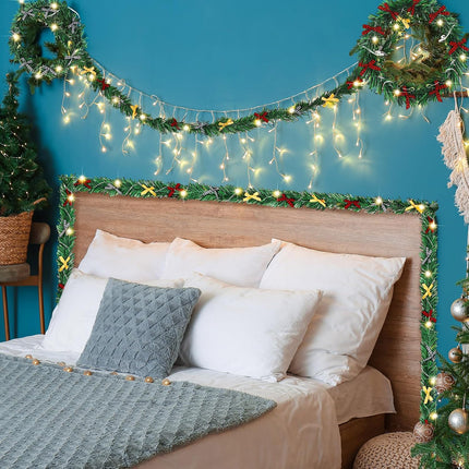 301ft Christmas Garland 17 Artificial Garland Soft Greenery Garland 300 Buffalo Bows and 8 LED Lights with 2 Rope Green Prelit Garland for Xmas Mantel Stair Fireplace Decor