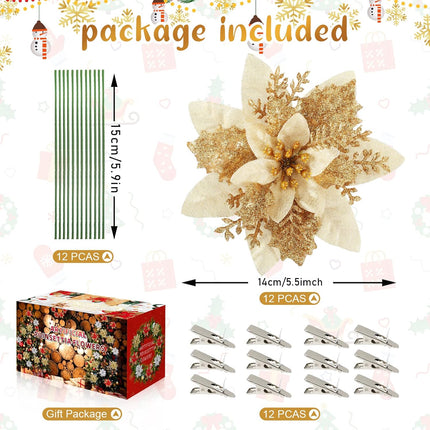 Poinsettia Christmas Decorations Flowers - 12Pcs Artificial Red Gold Poinsettia Christmas Tree Ornaments Glittery for Xmas Year Wedding Party Wreath DIY Garland Decor (Gold)