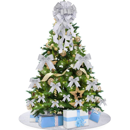 38 Pieces 40 Inch Christmas Tree Skirt Include 34 x 12 Inch Large Christmas Tree Topper Bow Small Glitter Bow Christmas Decor for Christmas Tree Accessories(Silver)