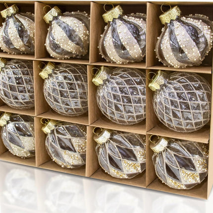 12 PCS Clear and Champagne Christmas Ball Ornaments, 80mm/3.15 Inches Rustic Farmhouse Christmas Decorations, Large Shatterproof Luxury Hand-Painted Xmas Ornaments for Christmas Tree, Wedding